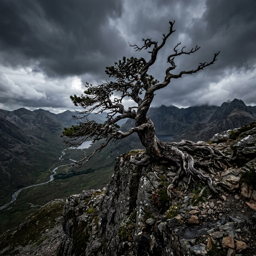 Ancient gnarled mountain pine tree growing from rocky cliff edge, dramatic stormy sky background, twisted branches shaped by harsh mountain winds, no people